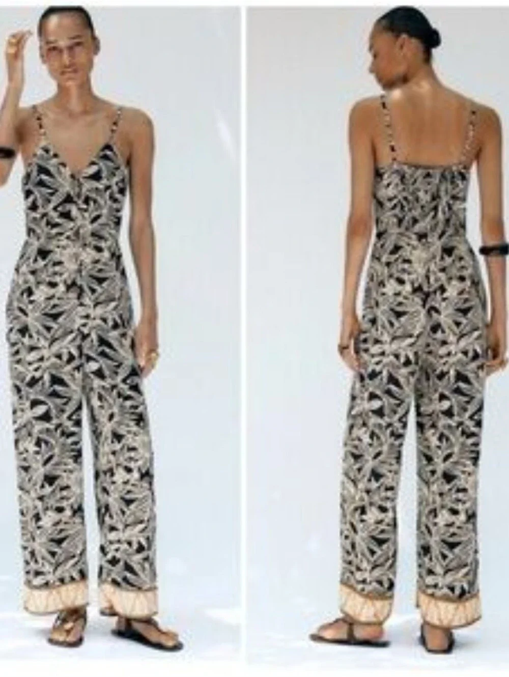 ZARA | linen printed jumpsuit brown Cream tropical leaf Sz M